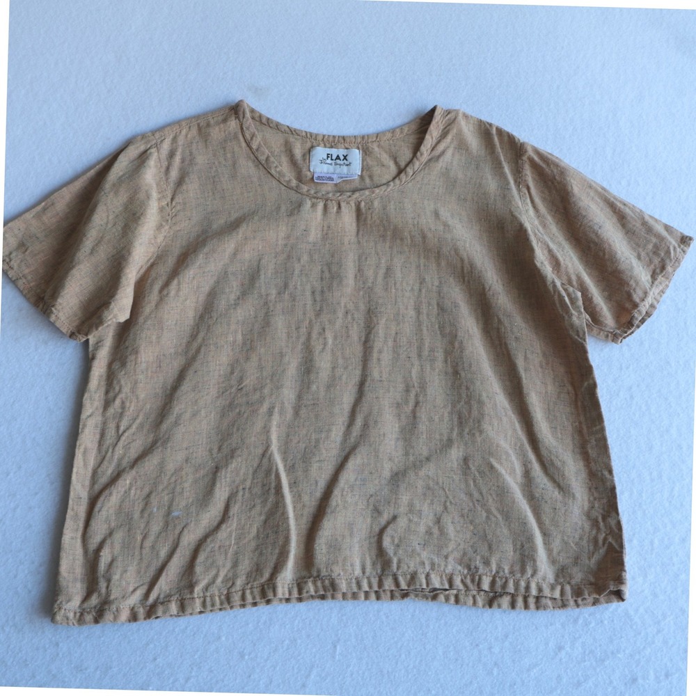 FLAX by Jeanne Engelhart Womens Medium Tan 100% Linen Short Sleeve Boxy Top